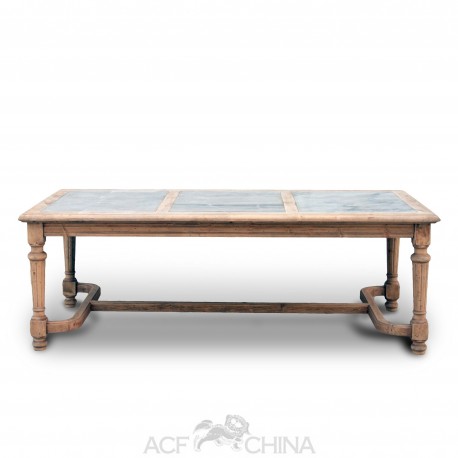 Reclaimed pinewood dining table with stone inlay top