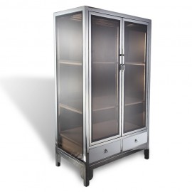 Asian contemporary stainless steel chrome and glass square cabinet